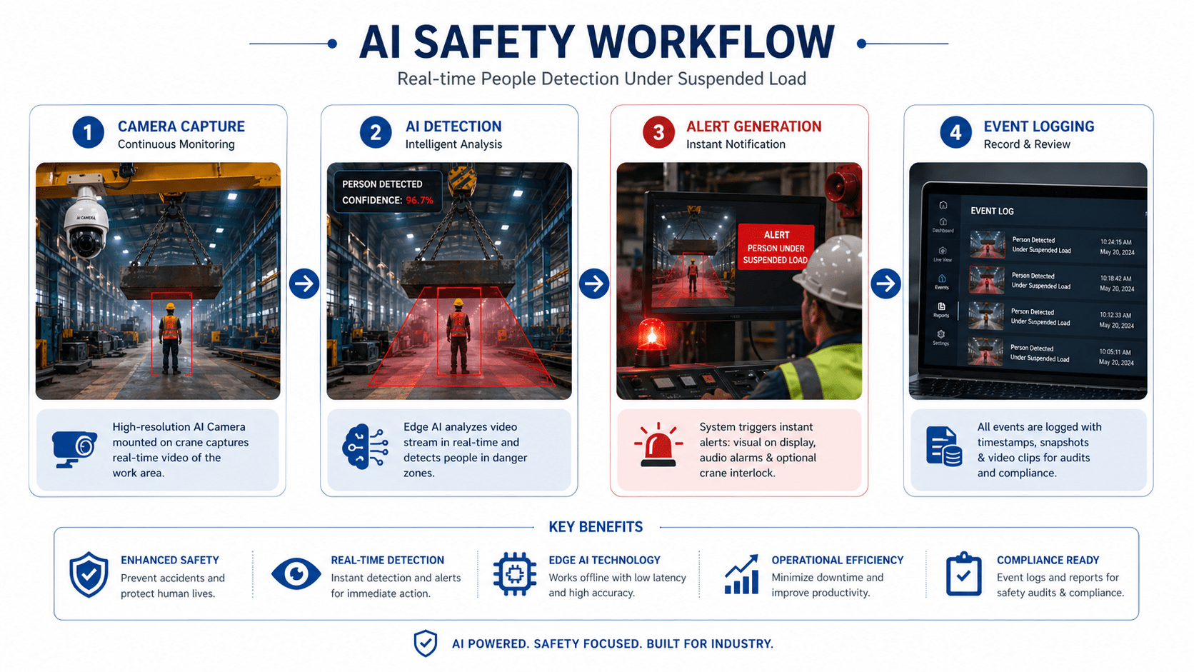 AI crane camera safety workflow showing camera capture detection alert and event logging
