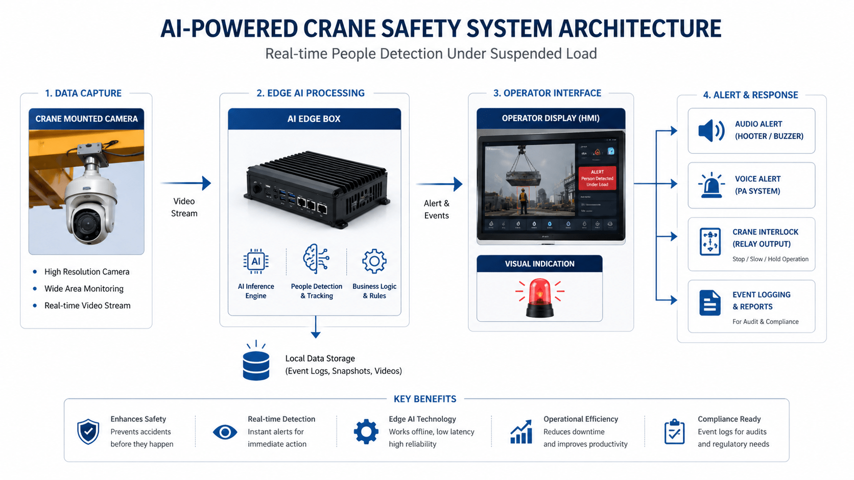 AI-powered crane camera safety system architecture with edge box operator display and alert system