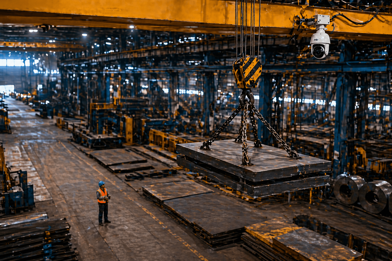 Camera on crane with AI video analytics detecting person under suspended load in industrial plant