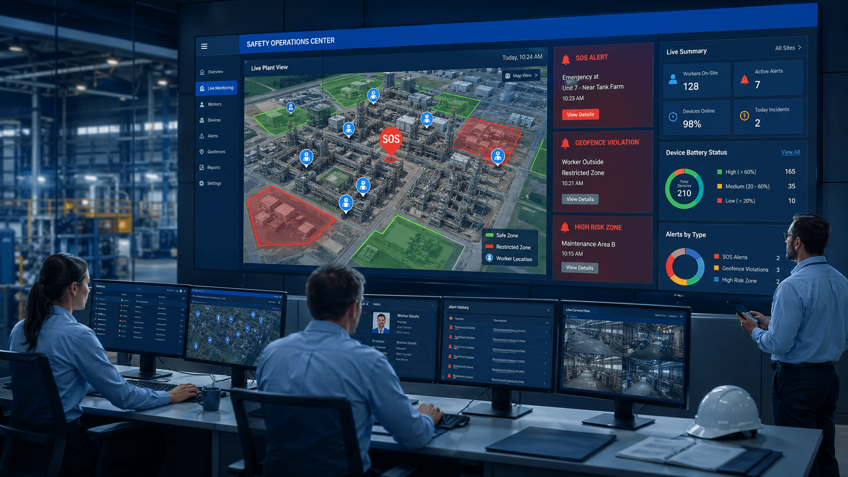 Control room dashboard monitoring worker safety tracker devices with live GPS location and SOS alerts