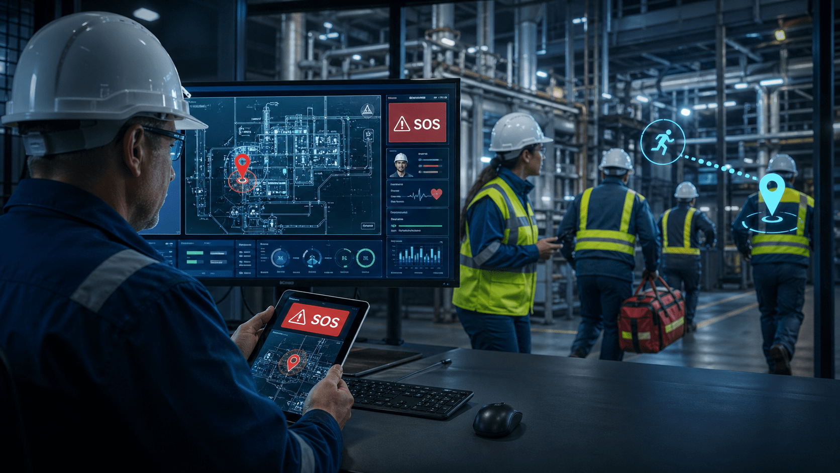 Emergency response team receiving SOS alert from industrial worker safety tracker device