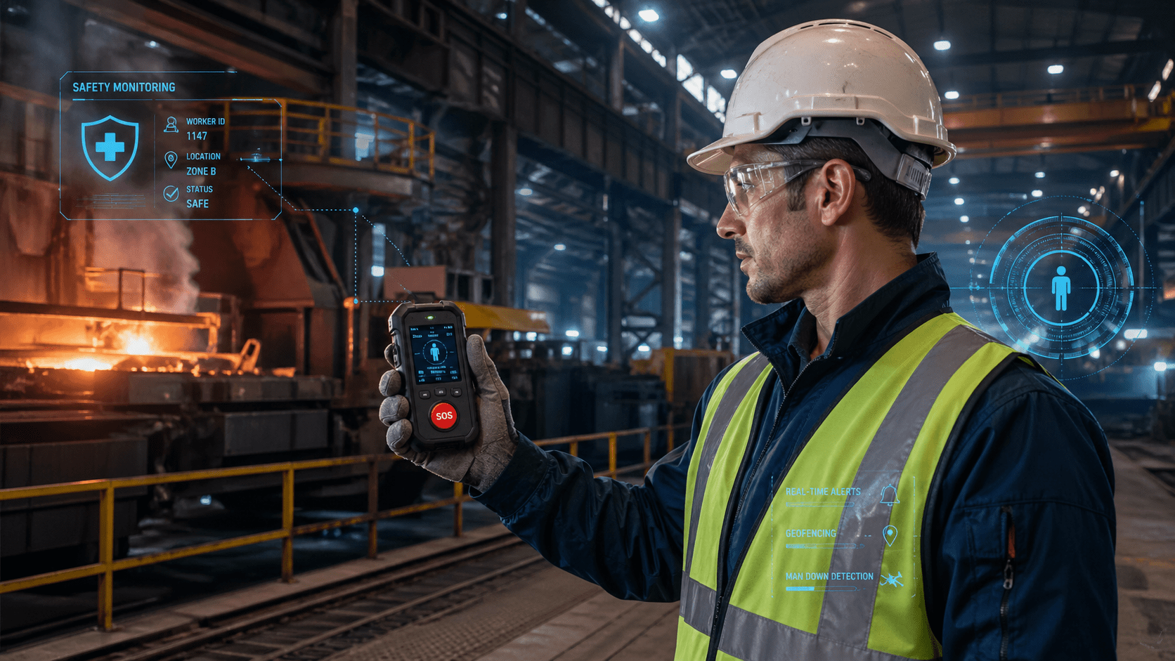 Industrial worker holding a rugged safety tracker device with SOS button inside a manufacturing plant