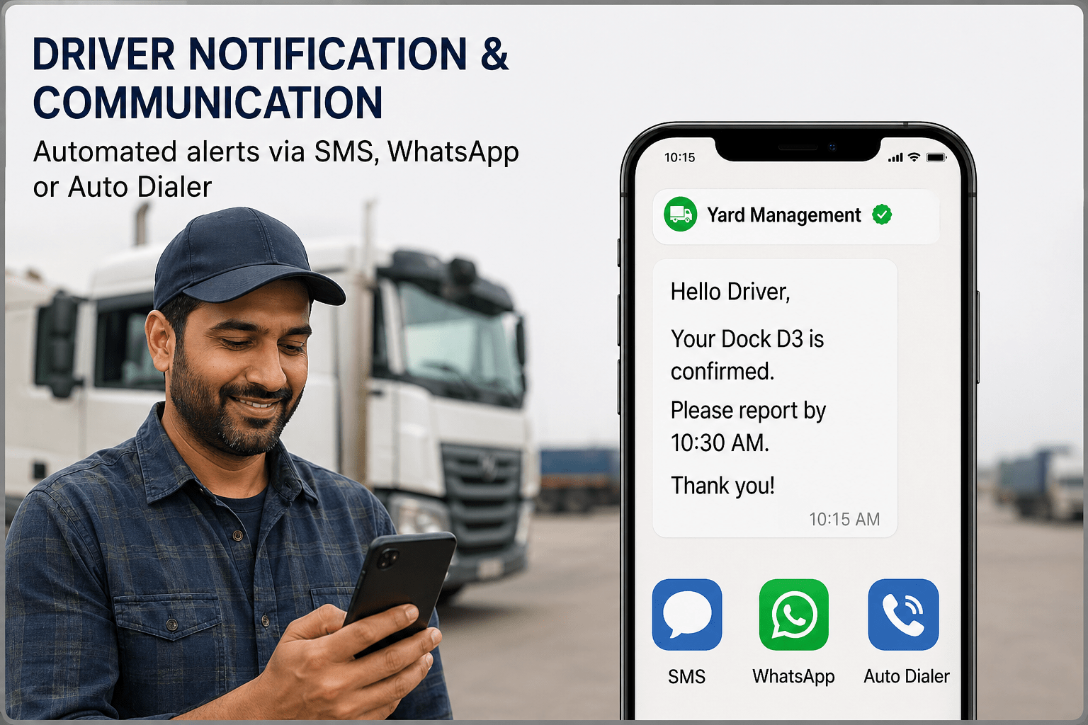 Driver notification through SMS and WhatsApp in yard management system