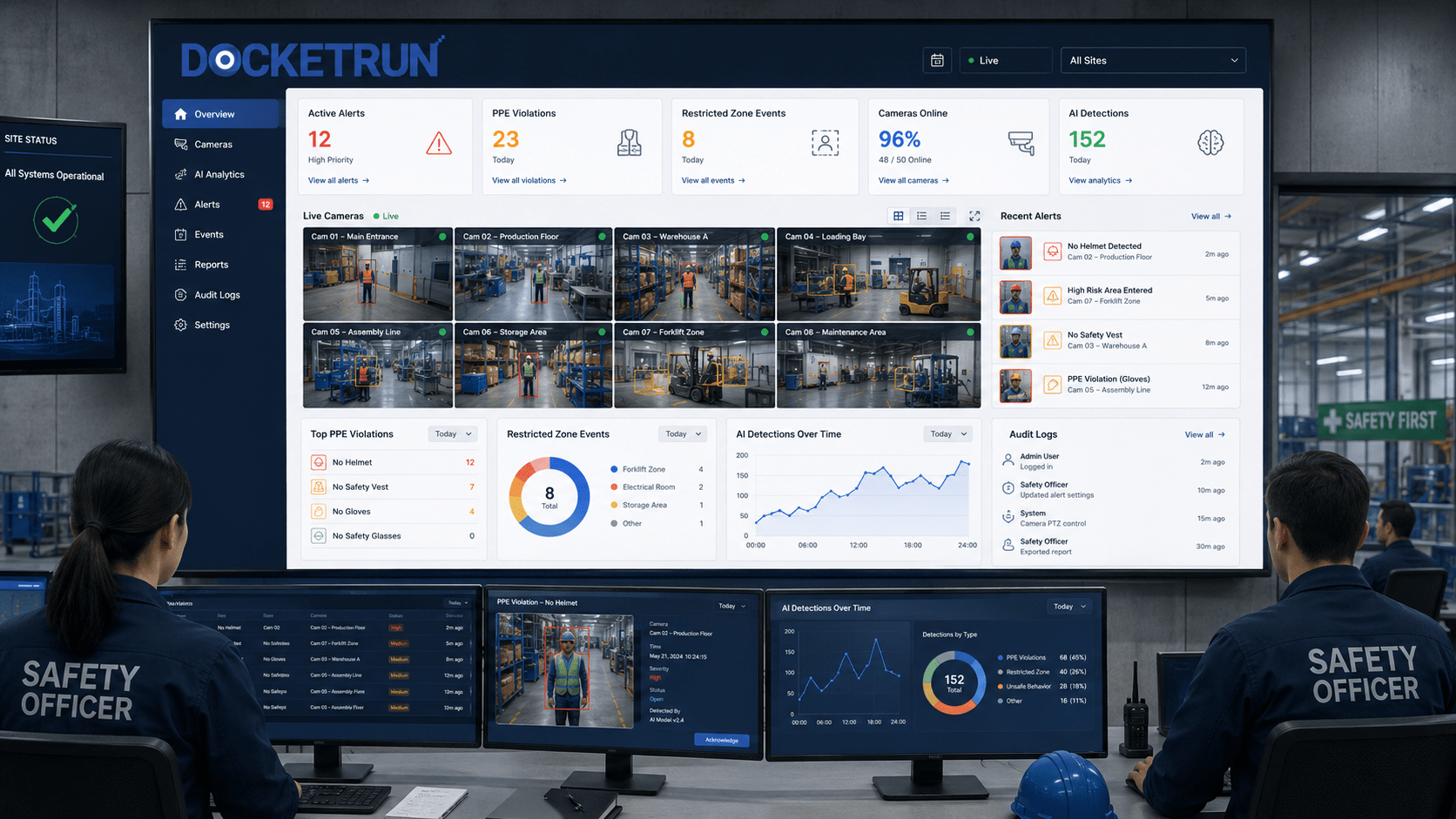 AI video analytics safety dashboard for industrial control room monitoring