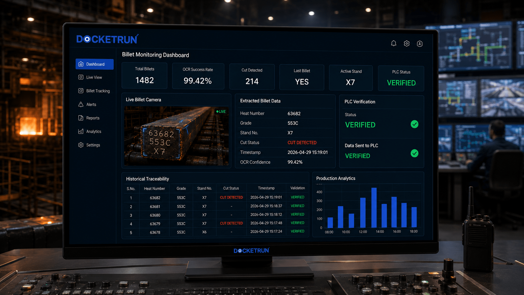 DocketRun Billet Monitoring Dashboard with Heat Number Grade Stand Number and Cut Status