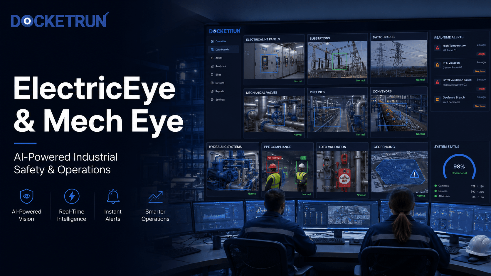 DocketRun ElectricEye and Mech Eye AI video analytics dashboard for electrical and mechanical industrial safety monitoring