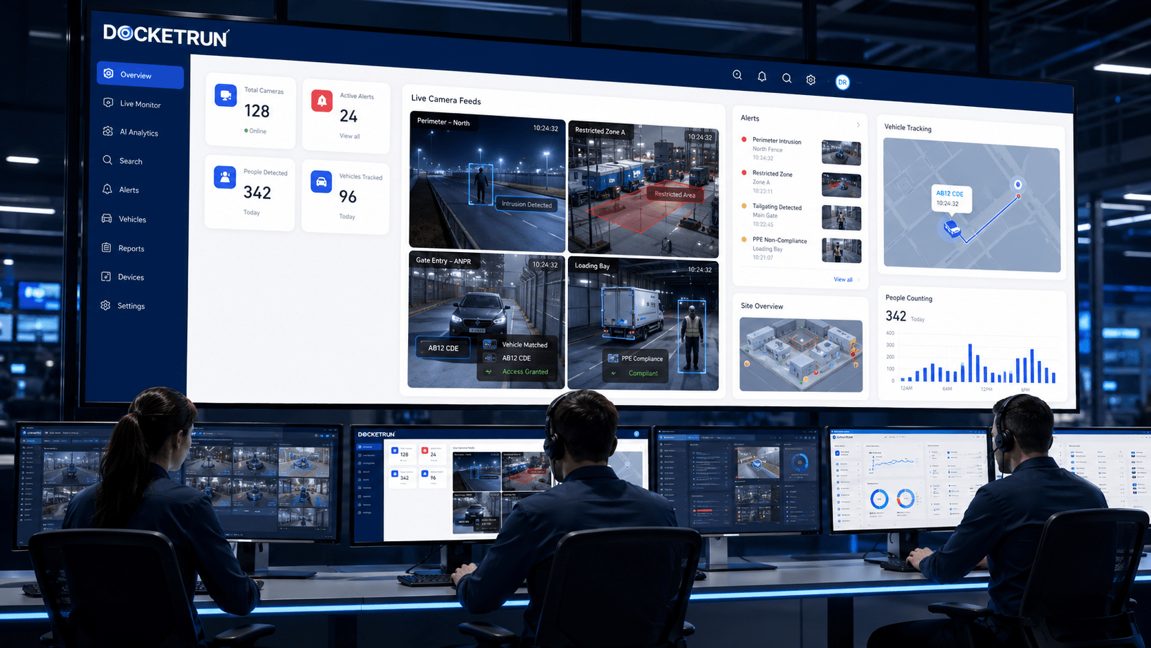 DocketRun AI video analytics security control room with CCTV monitoring, intrusion alerts, restricted area detection, ANPR, and live dashboard