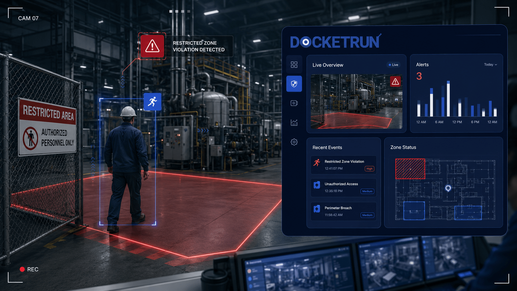 DocketRun AI restricted area monitoring with digital geofence detection, unauthorized access alert, and industrial security dashboard