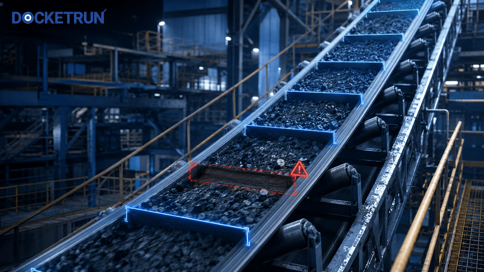AI-based cleat monitoring system inspecting conveyor cleats for damage misalignment and missing cleats