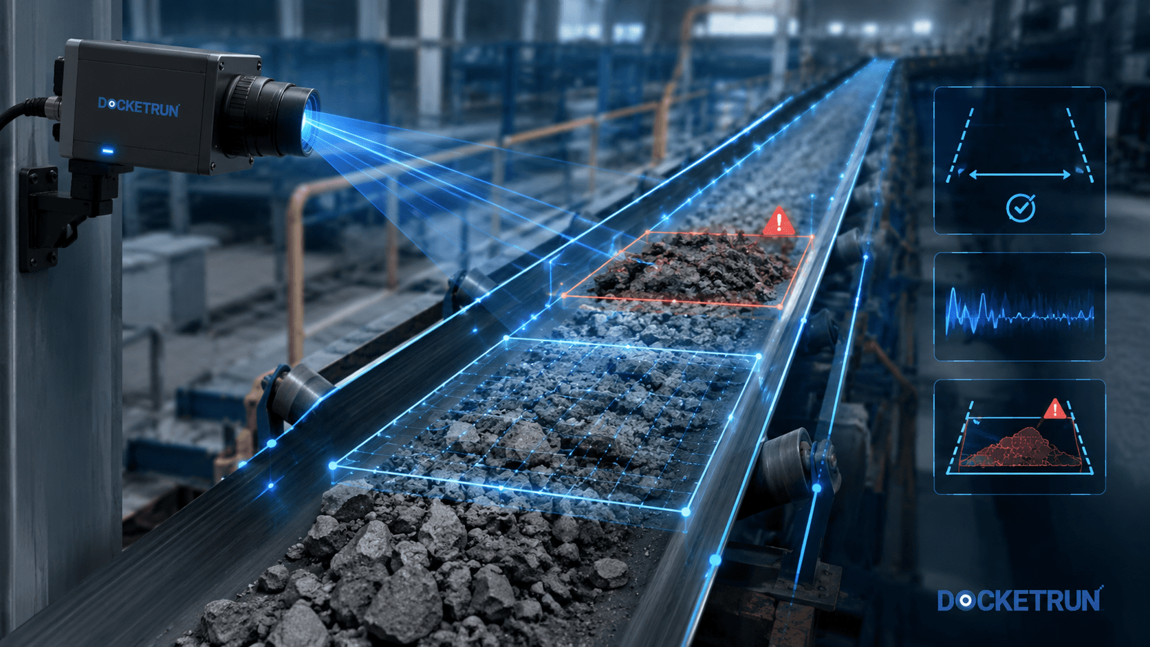 AI conveyor monitoring system inspecting belt alignment material flow and blockage in industrial plant