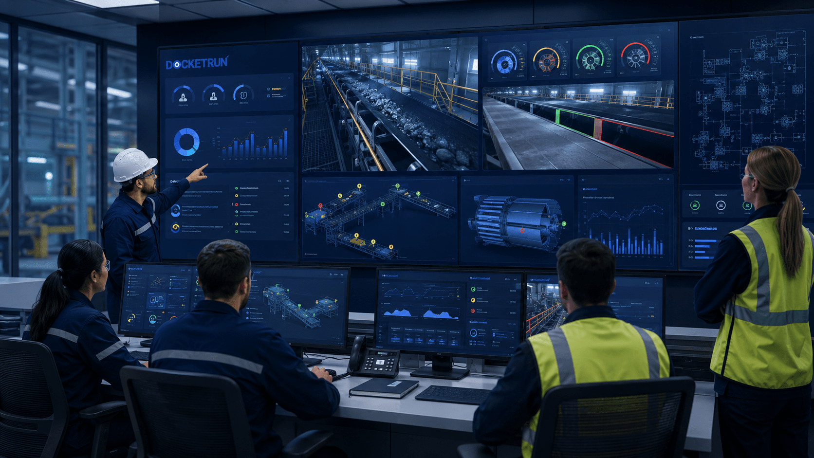 Industrial control room dashboard showing AI asset monitoring alerts conveyor health wheel inspection and cleat monitoring